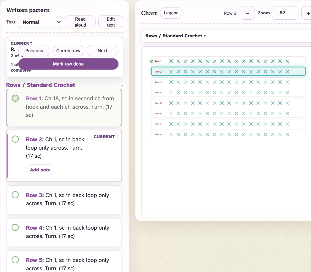 The follow view: written rows on the left with Row 1 ticked off and Row 2 marked current, beside a generated stitch-symbol chart on the right with the matching row highlighted.