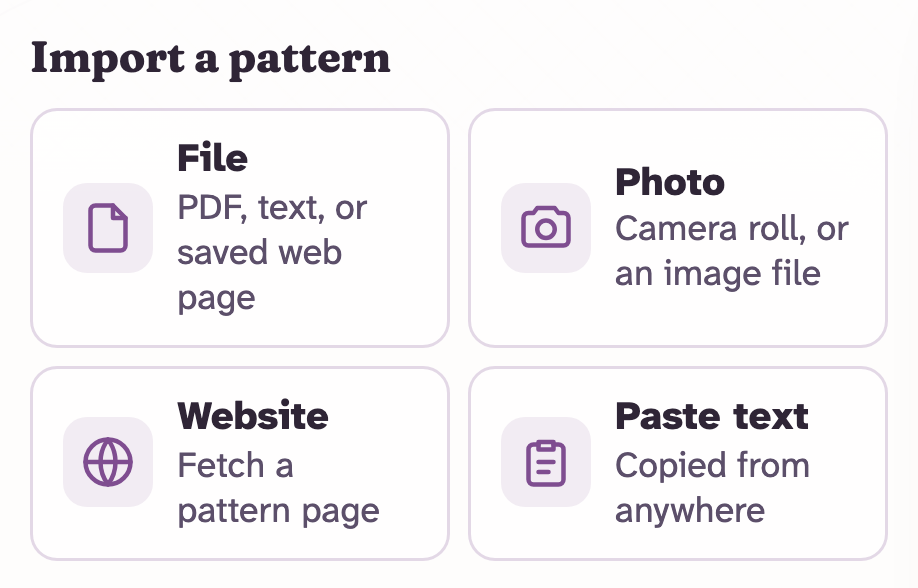 Rowline's import panel showing four choices: File (PDF or text file), Photo (camera roll, or an image file), Website (fetch a pattern page), and Paste text (copied from anywhere).