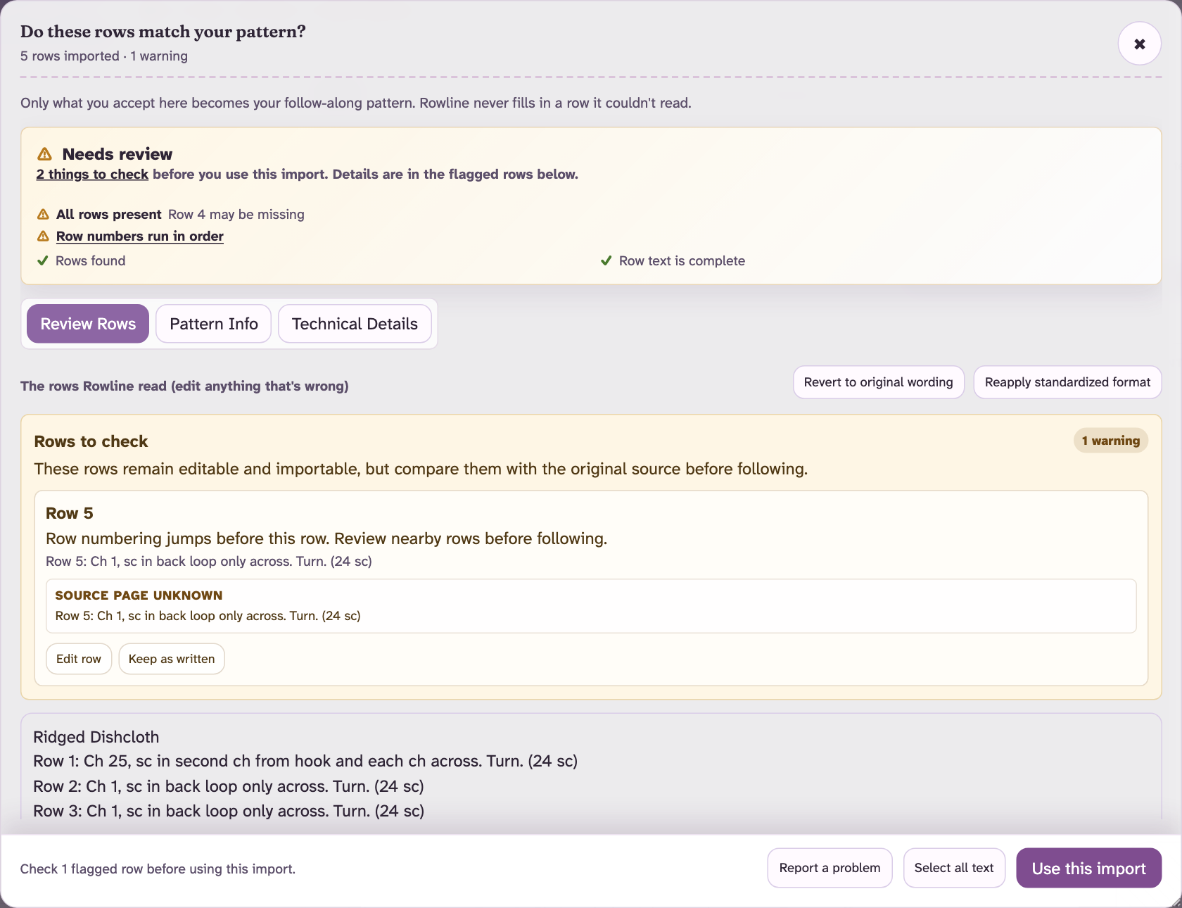 Rowline's review screen headed "Do these rows match your pattern?", showing a Needs review banner with checks: Rows found, All rows present flagged because Rows/Rounds 4 may be missing, Row text is complete, Row numbers run in order flagged, and How sure Rowline is at 84 percent.